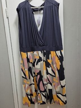 Sleeveless Midi Dress with Navy Bodice and Multicolor Printed Skirt